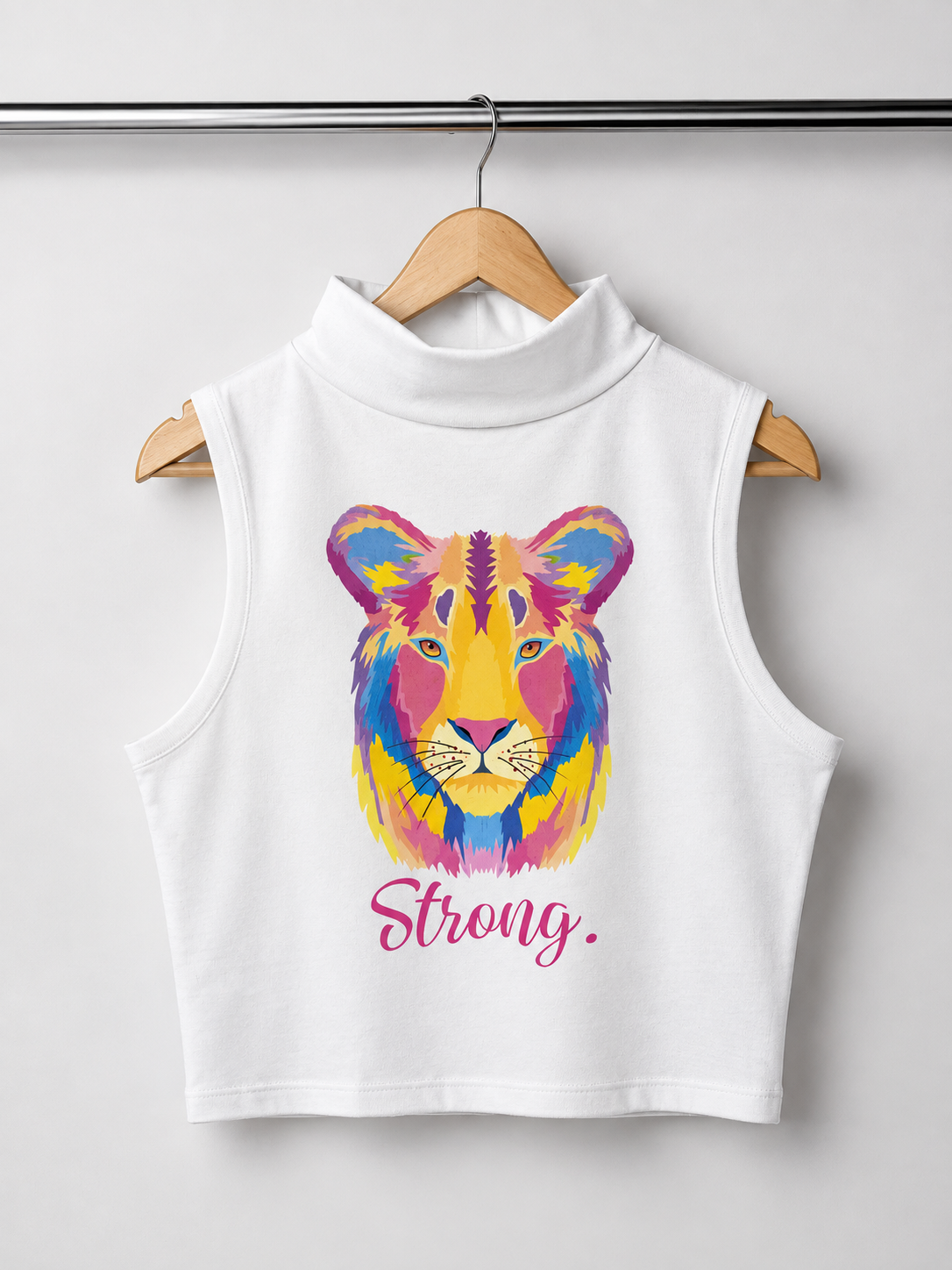 ALANI "Lion Strong" Women's High Neck Crop Top - White Summer Tank Top