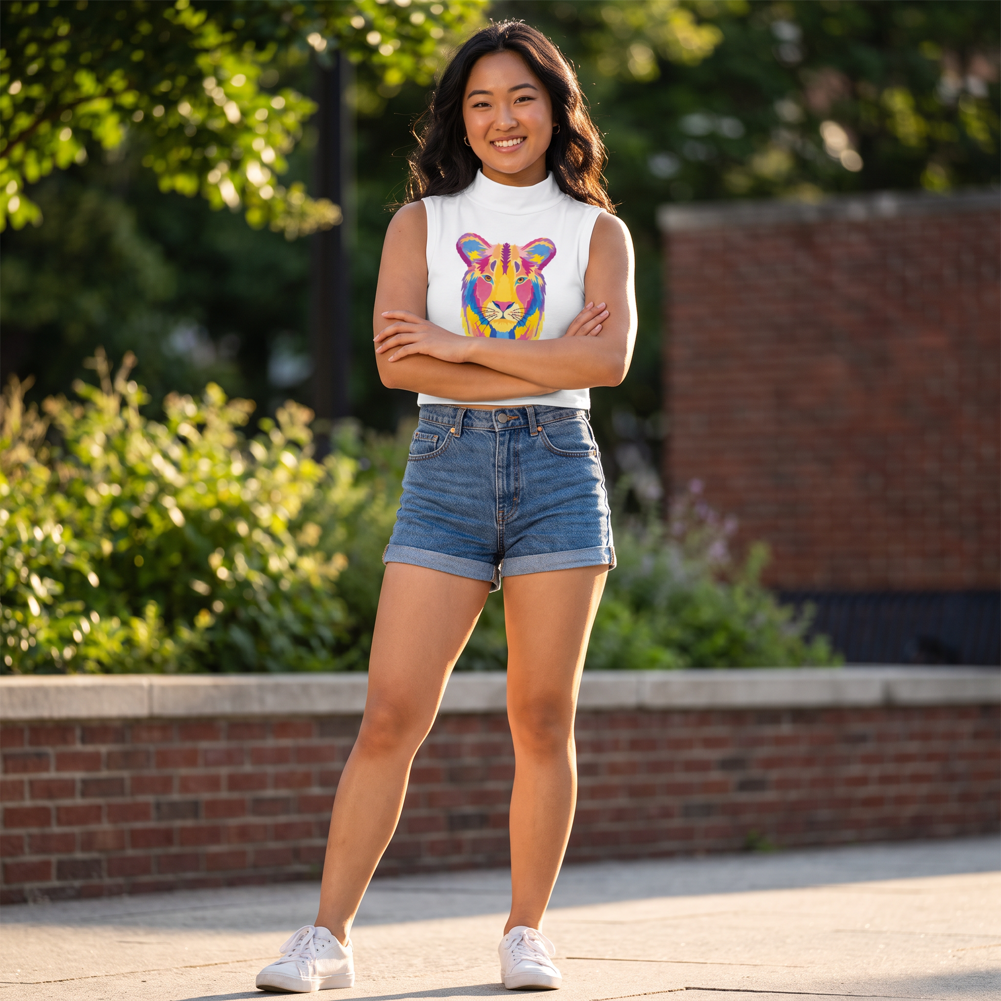 ALANI "Lion Strong" Women's High Neck Crop Top - White Summer Tank Top