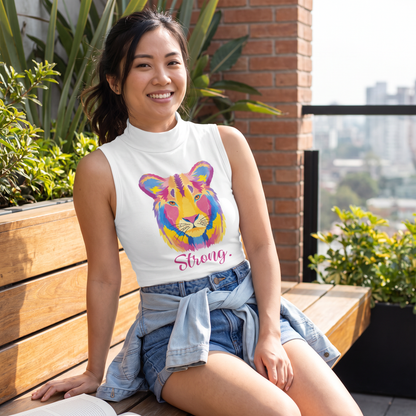 ALANI "Lion Strong" Women's High Neck Crop Top - White Summer Tank Top